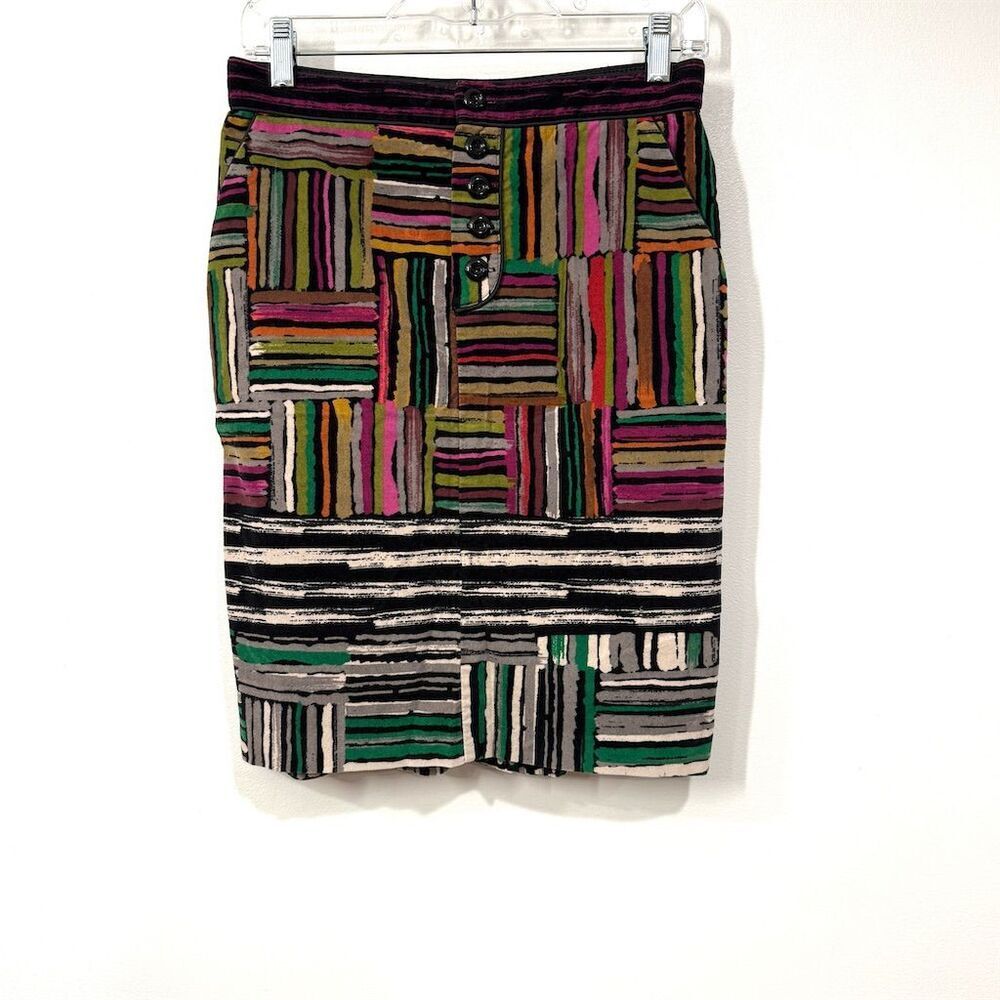 Y2K Anthropologie Womens Odille Artsy Patchwork Velvet Mini Pencil Skirt Size 2